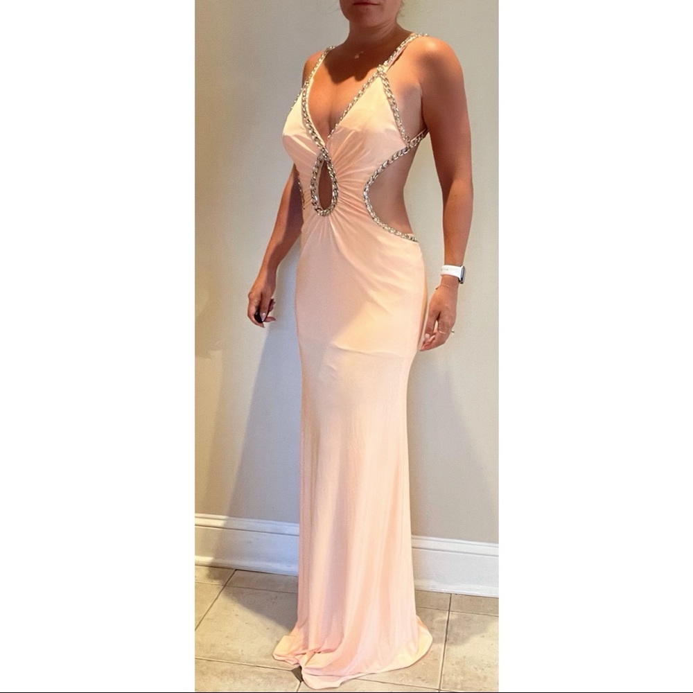 Jovani Peach Backless Dress with Silver Accents